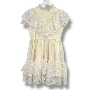 VTG Gold Bell dress girls 10 chiffon ruffle lace party pageant prairie cream USA